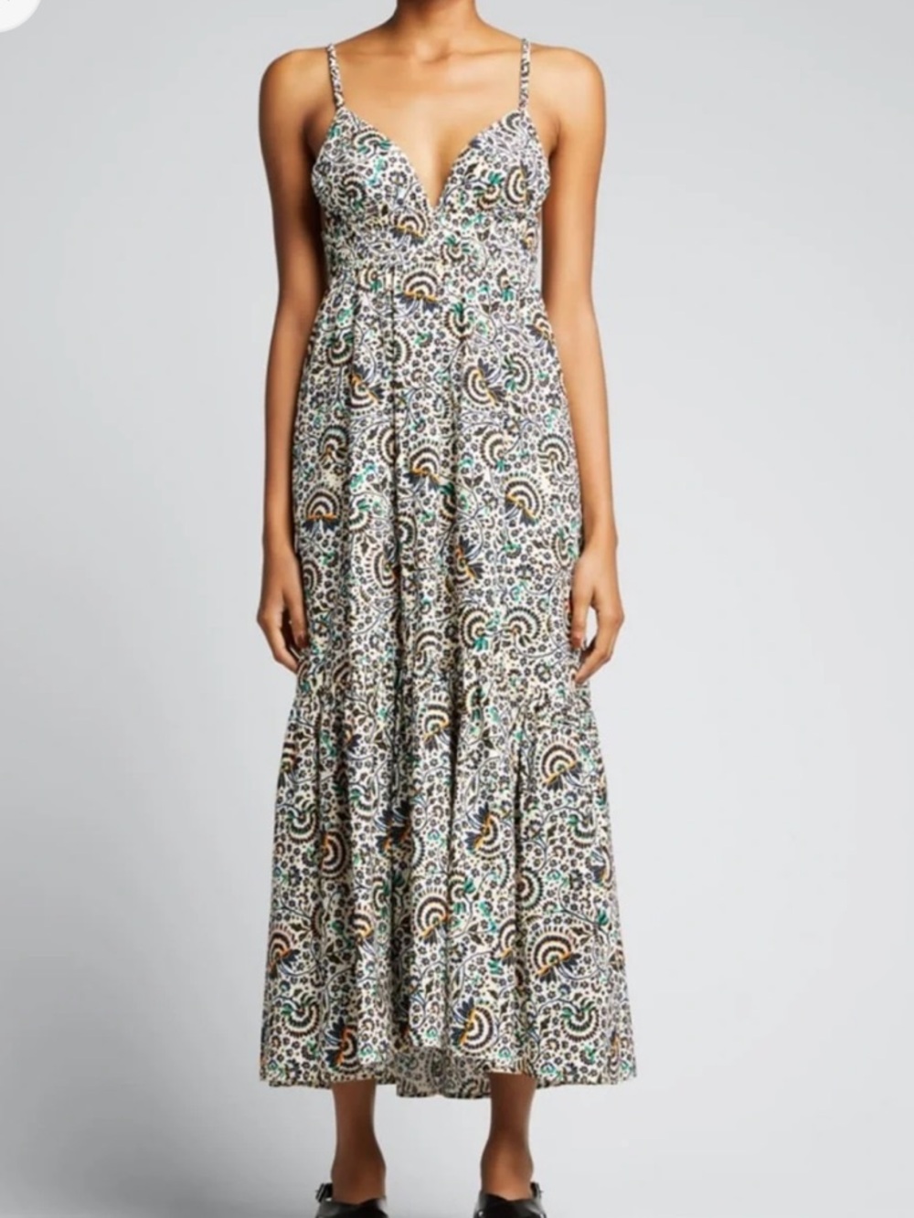 A.L.C. Printed Tiered Maxi Skirt Dress in Teal, Brown, Black, Cream
